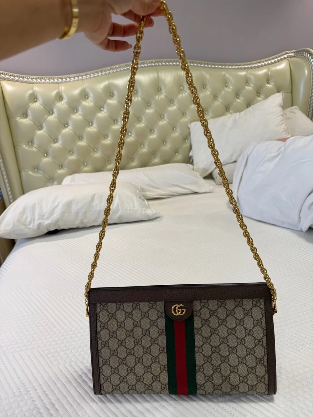 Gucci Brown GG Canvas Shoulder Bag with Green-Red Web Stripe